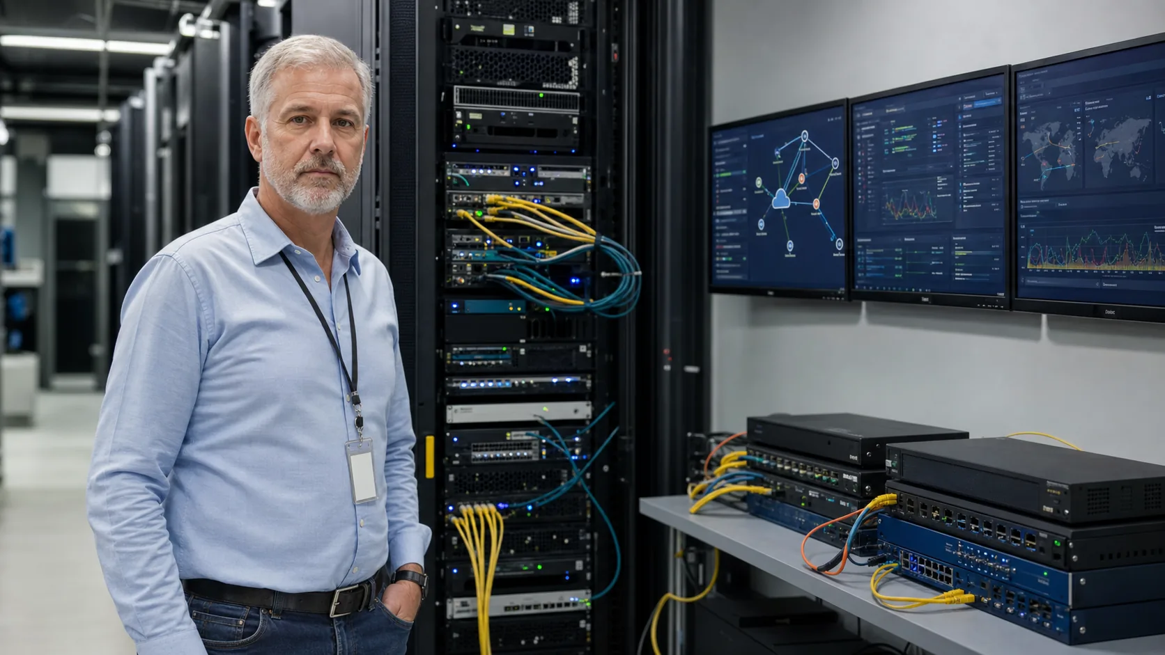 Network engineer monitoring resilient connections between distributed AI systems