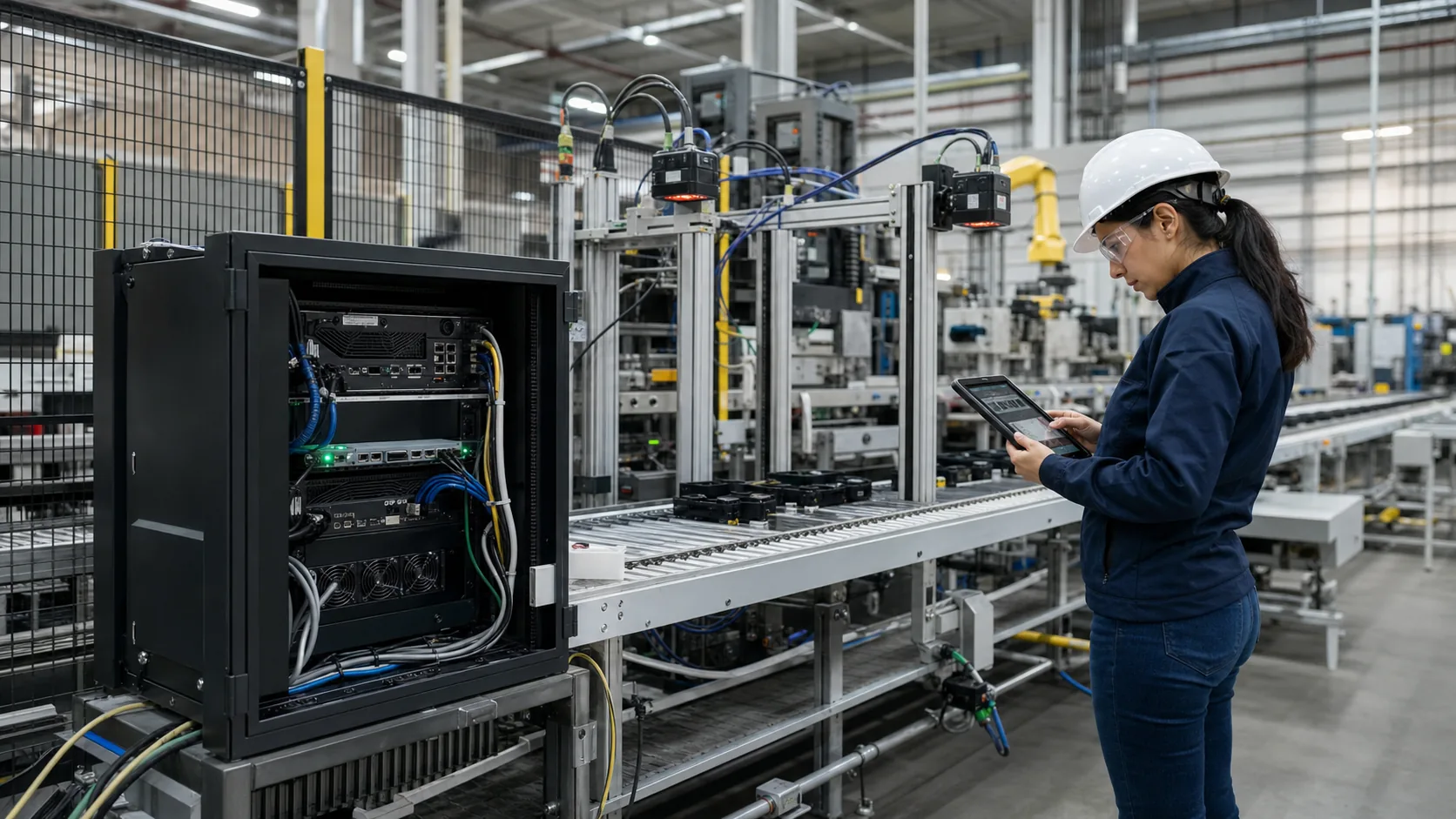 Technician monitoring edge AI inference on a manufacturing floor
